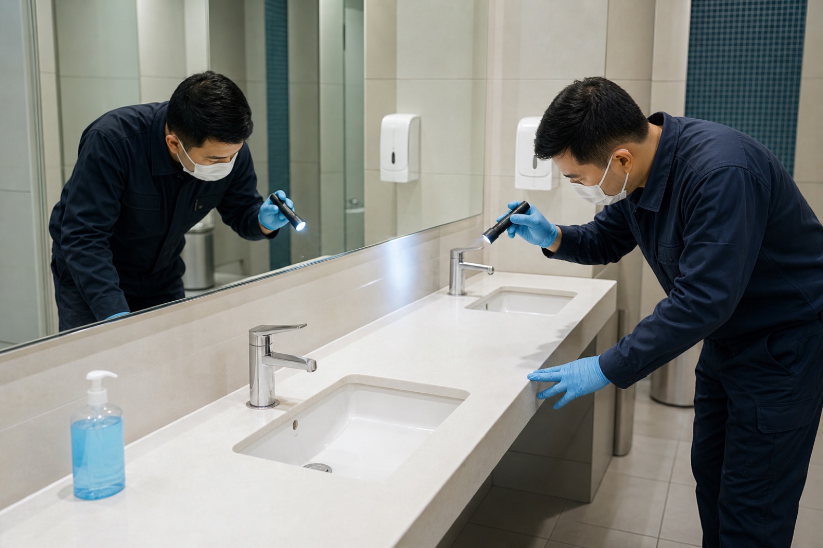 Facilities supervisor checking cleaning quality around commercial washroom fixtures